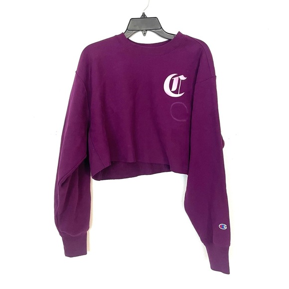Champion Reverse Weave Crop Cut Off Sweatshirt Spellout Purple Size L STAINED - Picture 2 of 7